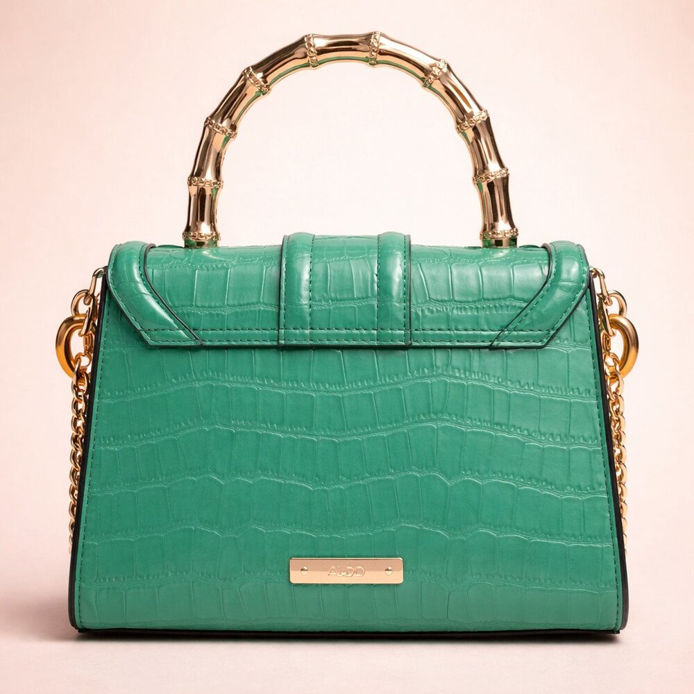 Aldo Aubray Green Croc Embossed Top Handle Bag Bamboo Accent Crossbody NWT - Picture 6 of 8